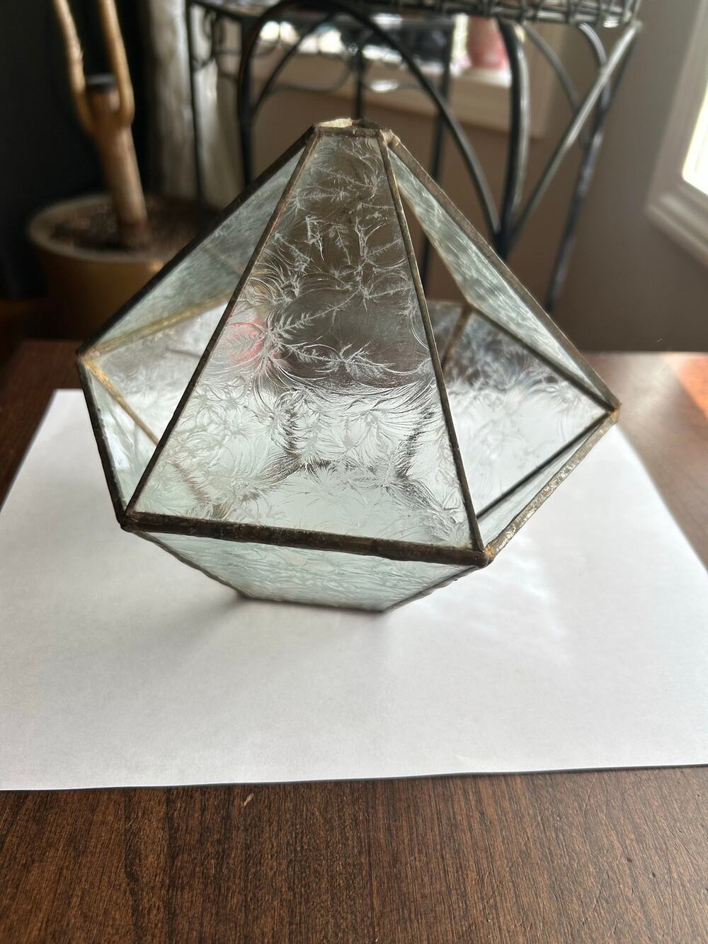 Vintage geometric stained glass terrarium fern-patterned glass panels